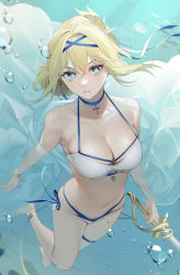 Rule 34 | 1girl, absurdres, air bubble, azur lane, bare shoulders, barefoot, bikini, blonde hair, blue choker, blue eyes, breasts, bubble, choker, cleavage, commentary, cross, freediving, halterneck, halterneck, highres, holding, jeanne d&#039;arc (azur lane), jeanne d&#039;arc (saintess of the sea) (azur lane), layered bikini, long hair, looking at viewer, medium breasts, navel, official alternate costume, ohisashiburi, parted lips, rapier, see-through, side-tie bikini bottom, solo, stomach, swimsuit, sword, thigh strap, thighs, underwater, water, weapon, white bikini