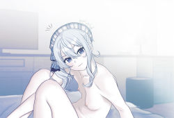 Rule 34 | 1girl, acht (jelly fish), bed, bedroom, blue eyes, blue hair, breasts, highres, hololive, hoshimachi suisei, looking at viewer, nipples, nude, sitting, small breasts, smile, solo, virtual youtuber