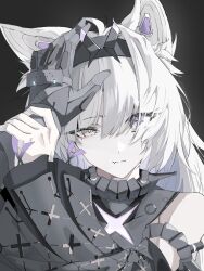 Rule 34 | 1girl, 1other, ahoge, animal ear fluff, animal ears, black background, black hairband, black sleeves, closed mouth, commandant (punishing: gray raven), cross-shaped pupils, detached sleeves, fang, grey eyes, grey hair, hair intakes, hair over eyes, hairband, hand on another&#039;s head, headpat, highres, holding another&#039;s wrist, long sleeves, looking at viewer, mechanical ears, mismatched pupils, negse 38u, no.21: feral scent (punishing: gray raven), no.21 (punishing: gray raven), punishing: gray raven, skin fang, symbol-shaped pupils, wolf ears