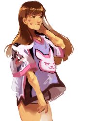 Rule 34 | 1girl, brown hair, casual, d.va (overwatch), facial mark, jersey, long hair, nail polish, overwatch, overwatch 1, shorts, sketch, solo, thighs, velinxi, whisker markings, white background
