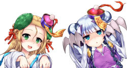 Rule 34 | 2girls, bare shoulders, blonde hair, blue eyes, blush, blush stickers, bow, braid, chinese clothes, claw (weapon), double bun, green eyes, hair between eyes, hair bow, hair ornament, haku (p&amp;d), halloween, hat, highres, jiangshi, long hair, looking at viewer, meimei (p&amp;d), multicolored hair, multiple girls, off shoulder, ofuda, open mouth, outstretched arms, purple hair, puzzle &amp; dragons, qingdai guanmao, samoore, shaded face, silver hair, simple background, turtle shell, twin braids, two-tone hair, weapon, white background, wide sleeves, zombie pose