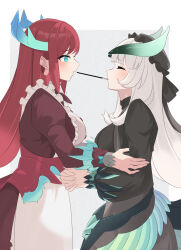 Rule 34 | 2girls, blue eyes, blunt bangs, chamber dragonmaid, closed eyes, dragon horns, dragon tail, dress, duel monster, feathered wings, food, food in mouth, grey hair, heichi, highres, holding another&#039;s arm, horns, juliet sleeves, kitchen dragonmaid, long hair, long sleeves, low wings, mouth hold, multiple girls, own hands clasped, own hands together, pocky, pocky in mouth, pocky kiss, puffy sleeves, red hair, shared food, tail, wings, yu-gi-oh!, yuri
