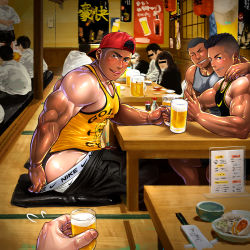Rule 34 | 4boys, alcohol, artisticjinsky, ass, backwards hat, bara, baseball cap, beer, beer mug, black hair, black pants, black tank top, blush, covered erect nipples, cup, closed eyes, grey tank top, hat, highres, holding, holding cup, large pectorals, licking, licking lips, looking at viewer, male focus, male underwear, male underwear peek, male underwear pull, mug, multiple boys, muscular, muscular male, original, pants, pectorals, pulling own clothes, short hair, sitting, smile, tan, tank top, tanline, teeth, tongue, tongue out, undercut, underwear, v, very short hair, white male underwear, yaoi, yellow tank top