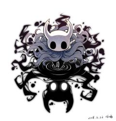 Rule 34 | 2others, artist name, cloak, commentary, dated, full body, highres, hollow eyes, hollow knight, horns, knight (hollow knight), looking at viewer, mask, multiple others, shadow, simple background, standing, ugly cat, weapon, white background