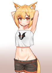 Rule 34 | 1girl, animal ear fluff, animal ears, arknights, armpits, arms behind head, arms up, bare shoulders, black shorts, blonde hair, blush, collarbone, commentary, cowboy shot, crop top, crop top overhang, deaver, fox ears, fox tail, gradient background, grey background, groin, hair between eyes, highres, looking at viewer, midriff, navel, notched ear, short hair, shorts, solo, standing, stomach, strapless, tail, tube top, vermeil (arknights), white background, yellow eyes