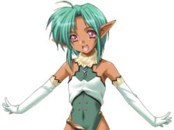 Rule 34 | 1girl, aqua hair, elbow gloves, foless, gloves, green hair, ikazuchi no senshi raidy, lowres, open mouth, pink eyes, pointy ears, solo, transparent background