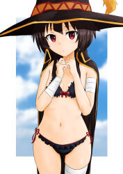 Rule 34 | 1girl, absurdres, bandaged arm, bandaged leg, bandages, bikini, black bikini, black cape, black hat, blue sky, bow, bow bikini, breasts, brown hair, cape, closed mouth, cloud, cloudy sky, commentary, cowboy shot, frilled bikini, frills, hat, highres, kono subarashii sekai ni shukufuku wo!, light frown, looking at viewer, megumin, navel, red eyes, short hair, side-tie bikini bottom, sirokohi, sky, small breasts, solo, standing, swimsuit, witch hat