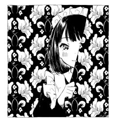 Rule 34 | 1girl, apron, blending, blunt bangs, blush, bob cut, border, closed mouth, curtain grab, curtains, floral print, frilled apron, frilled hairband, frills, greyscale, hairband, hand up, hatching (texture), linear hatching, long sleeves, looking at viewer, maeya susumu, maid-san wa taberu dake, maid apron, maid headdress, monochrome, official art, one eye covered, peeking out, short hair, signature, smile, solo, straight-on, suzume (maid-san wa taberu dake), swept bangs, upper body, white border