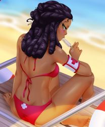 Rule 34 | ass, beach, bikini, black hair, dreadlocks, fap ceo, food, ice cream, lifeguard, sitting, swimsuit, yellow eyes, zoe (fap ceo)