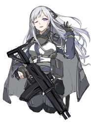 Rule 34 | 1girl, ak-12, ak-12 (girls&#039; frontline), arm up, assault rifle, black cloak, black gloves, breasts, cloak, cropped legs, girls&#039; frontline, gloves, gun, highres, holding, holding gun, holding weapon, kalashnikov rifle, long hair, looking at viewer, marche mk14, medium breasts, one eye closed, open mouth, partially fingerless gloves, purple eyes, silver hair, smile, solo, standing, tactical clothes, walkie-talkie, weapon, white background