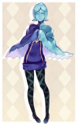 Rule 34 | 1girl, aicedrop, bad id, bad pixiv id, blue eyes, blue hair, blue skin, cape, colored skin, empty eyes, fi (zelda), hyrule warriors, matching hair/eyes, nintendo, no arms, pantyhose, solo, the legend of zelda, the legend of zelda: skyward sword, thighhighs