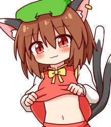 1girl :3 animal_ears bow bowtie brown_hair cat_ears cat_tail chen lifting_own_clothes long_sleeves looking_at_viewer medium_hair multiple_tails navel nekomata puffy_long_sleeves puffy_sleeves red_eyes red_skirt red_vest simple_background skirt skirt_set solo tail touhou two_tails vest white_background yellow_bow yellow_bowtie zeke4010