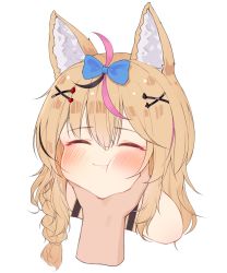 Rule 34 | 1girl, :t, absurdres, animal ears, blonde hair, blue bow, blush, bow, chessy, closed eyes, closed mouth, facing viewer, fox ears, grabbing another&#039;s chin, hair bow, hair ornament, hand on another&#039;s chin, highres, hololive, long hair, multicolored hair, omaru polka, omaru polka (1st costume), pink hair, portrait, simple background, solo focus, streaked hair, virtual youtuber, white background, x hair ornament