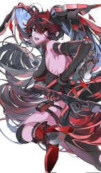 Rule 34 | 1girl, asymmetrical legwear, black dress, black hair, black thighhighs, breasts, corrupted twitter file, dress, fake horns, floating, floating object, gradient hair, headgear, highres, holding, holding sword, holding weapon, horns, long hair, lucia: dawn (punishing: gray raven), lucia (punishing: gray raven), mechanical arms, mechanical foot, medium breasts, multicolored hair, punishing: gray raven, red eyes, red hair, single thighhigh, streaked hair, sword, thighhighs, twintails, very long hair, weapon, white background, yongsadragon