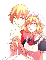 Rule 34 | :o, blonde hair, blush, cleaning maid (touhou), collared shirt, gender request, genderswap, hat, highres, holding hands, maid, nail polish, necktie, portrait of exotic girls, rokki hero, shirt, sitting, smile, touhou, yellow eyes