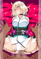 Rule 34 | 1boy, 1girl, absurdres, ahoge, arms behind back, blonde hair, blush, bow, choker, clothing aside, collarbone, covered erect nipples, dark-skinned male, dark skin, domination, fate/grand order, fate (series), fingerless gloves, frown, gloves, highres, interracial, japanese clothes, koha-ace, large penis, legs, legs apart, lying, motion lines, netorare, nipples, obi, okita souji (fate), on back, panties, panties aside, penis, pov, pussy, restrained, sash, sex, spread legs, sweat, sweat, thighhighs, underwear, vaginal, warabimochi, white panties