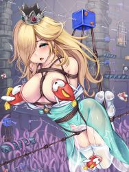 Rule 34 | 1girl, :o, aqua dress, aqua eyes, arms behind back, ass, bdsm, between breasts, blonde hair, bondage, bound, bowser logo, breasts, cleavage, commentary, crotch rope, crown, dress, earrings, eyes visible through hair, fish, flag, full body, gem, high heels, highres, jewelry, lace, lace-trimmed legwear, lace trim, large breasts, long dress, mario (series), monikano, navel, nintendo, open mouth, panties, platform, pussy juice, rope, rosalina, shibari, solo, star (symbol), star earrings, star print, super mario galaxy, tentacles, thighhighs, thighs, tilted headwear, tower, underwear, white panties