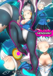 Rule 34 | 1girl, arm up, blazer, blue eyes, blush, bodysuit, breasts, cleavage, clenched hand, closed eyes, collarbone, commentary request, commission, dress, electro emilia, full body, headgear, henshin, henshin pose, high heels, highleg, highleg leotard, jacket, ken (koala), large breasts, leg up, leotard, leotard under clothes, long hair, long sleeves, looking at viewer, microdress, multiple views, neon trim, original, pale skin, parted lips, pleated skirt, school uniform, shiny clothes, shiny skin, skeb commission, skin tight, skirt, solo, transforming clothes, white hair