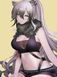 Rule 34 | 1girl, absurdres, animal ears, arknights, bare shoulders, black scarf, black shorts, breasts, cat ears, cleavage, crop top, grey eyes, grey hair, highres, large breasts, long hair, looking at viewer, midriff, navel, scarf, schwarz (arknights), short shorts, shorts, sleeveless, solo, stomach, upper body, very long hair, yellow background, yunnasu