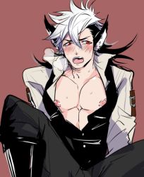 Rule 34 | 1boy, animal ears, bad id, bad pixiv id, black hair, blush, fire emblem, fire emblem fates, issiki f, keaton (fire emblem), long hair, male focus, multicolored hair, nintendo, nipples, open mouth, pectoral cleavage, pectorals, red eyes, scar, simple background, solo, two-tone hair, undressing, white hair, wolf ears