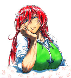 Rule 34 | 1girl, blue eyes, braid, breasts, chinese clothes, commentary, commentary request, hair between eyes, hat, hong meiling, koyubi (littlefinger1988), large breasts, long hair, red hair, scar, shirt, simple background, solo, tangzhuang, touhou, translation request, twin braids, white background, white shirt