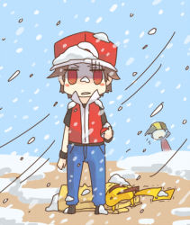 Rule 34 | 00s, 2boys, backwards hat, bad id, bad pixiv id, baseball cap, black hair, blizzard, brown hair, cold, creatures (company), ethan (pokemon), game freak, gen 1 pokemon, hat, lowres, male focus, multiple boys, nintendo, pikachu, poke ball, pokemon, pokemon (creature), pokemon frlg, pokemon hgss, popped collar, red (pokemon), red (pokemon frlg), red eyes, shiki (shikki46), snow, wristband