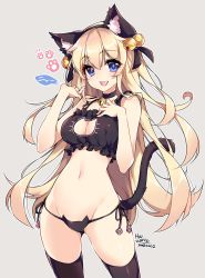 Rule 34 | 10s, 1girl, 2016, :d, animal ears, artist name, bell, black panties, black thighhighs, blonde hair, blue eyes, cat cutout, cat ear panties, cat ears, cat lingerie, cat tail, choker, cleavage cutout, clothing cutout, dated, grey background, hair bell, hair ornament, hyuarno, jingle bell, long hair, looking at viewer, meme attire, navel, neck bell, open mouth, original, outline, panties, side-tie panties, smile, solo, tail, thighhighs, underwear, underwear only