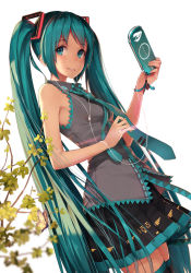 Rule 34 | 1girl, aqua eyes, aqua hair, blush, bug, butterfly, earphones, efmoe, handheld game console, hatsune miku, bug, long hair, looking at viewer, necktie, playstation portable, skirt, sleeveless, smile, solo, thighhighs, twintails, very long hair, vocaloid, zettai ryouiki