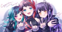 Rule 34 | 3girls, :d, :q, aqua hair, bare shoulders, black gloves, black hair, black jacket, blue eyes, blush, bow, brown eyes, closed mouth, commentary request, congratulations, crop top, fang, girl sandwich, gloves, highres, ittokyu, jacket, jewelry, kojo anna, kojo anna (1st costume), long sleeves, multicolored hair, multiple girls, nanashi inc., open mouth, pointy ears, purple bow, purple hair, red hair, ring, ryugasaki rene, sandwiched, shishio chris, signature, sleeves past wrists, smile, streaked hair, sugar lyric, tongue, tongue out, twintails, upper body, virtual youtuber