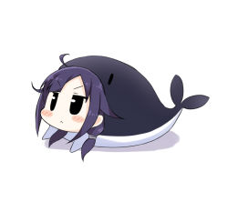 Rule 34 | &gt;:&lt;, 10s, 1girl, :&lt;, ahoge, animal costume, blush, closed mouth, hair tubes, kantai collection, kurono nekomaru, long hair, low twintails, purple hair, simple background, solo, taigei (kancolle), twintails, v-shaped eyebrows, whale, white background