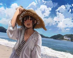 Rule 34 | 1girl, arm up, beach, black eyes, black hair, building, cloud, day, hat, jacket, long sleeves, morifumi, mountain, ocean, open clothes, open jacket, open mouth, original, outdoors, sand, scenery, shirt, shore, short hair, sky, solo, straw hat, striped clothes, striped shirt, upper body, water, waves, white jacket, white shirt