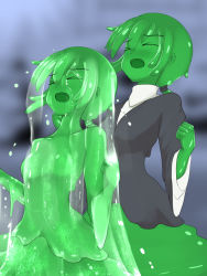 Rule 34 | 2girls, giving birth, business suit, colored skin, formal, green hair, green skin, monster girl, multiple girls, no nipples, office lady, ponytail, rethnick, slime girl, suit