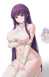 Rule 34 | 2girls, bare shoulders, blunt bangs, blush, breasts, cbmus, cleavage, closed mouth, commentary request, dress, elf, fern (sousou no frieren), frieren, highres, large breasts, long hair, looking at viewer, meme attire, multiple girls, navel, pointy ears, purple eyes, purple hair, sousou no frieren, thumbs up, virgin destroyer sweater, white dress, white hair