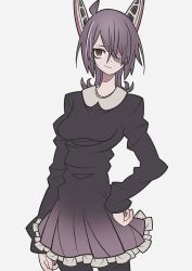 Rule 34 | 1girl, black legwear, breasts, closed mouth, collared dress, dress, eyepatch, frills, hand on own hip, headgear, kantai collection, long sleeves, maikeru (dk maikel), purple eyes, short hair, simple background, smile, solo, tenryuu (kancolle)