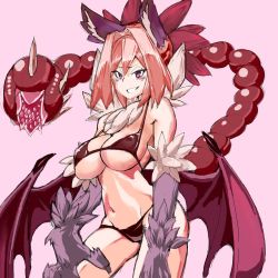Rule 34 | 1girl, animal ear fluff, animal ears, animal hands, artist request, bat wings, bikini, breasts, cleavage, grin, large breasts, looking at viewer, manticore (monster girl encyclopedia), midriff, monster girl, monster girl encyclopedia, pink hair, purple eyes, sideboob, simple background, smile, solo, swimsuit, tail, thighs, underboob, wings