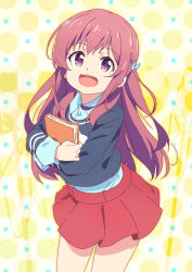 Rule 34 | 1girl, :d, blue shirt, blue sweater, book, collared shirt, commentary request, cowboy shot, girlish number, hair ornament, holding, holding book, karasuma chitose (girlish number), long hair, looking at viewer, multicolored background, open mouth, pink hair, pleated skirt, purple eyes, shirt, skirt, smile, solo, standing, sweater, tomato (lsj44867)