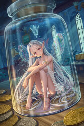 Rule 34 | 1girl, absurdres, armlet, arms on knees, barefoot, coin, corked bottle, dress, fairy, fairy wings, floating crown, glass bottle, highres, indoors, knees up, long hair, looking at viewer, mini person, minigirl, original, parted lips, pointy ears, red eyes, short dress, sinad aruatjanapat, sitting, sleeveless, sleeveless dress, solo, white dress, white hair, wings