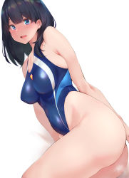 Rule 34 | 1girl, :d, ass, black hair, blue eyes, breasts, competition swimsuit, dutch angle, gridman universe, highleg, highleg swimsuit, highres, impossible clothes, impossible swimsuit, kurowa, looking at viewer, medium breasts, medium hair, one-piece swimsuit, open mouth, purple eyes, simple background, smile, solo, ssss.gridman, swimsuit, takarada rikka, white background
