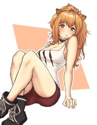 Rule 34 | 1girl, absurdres, animal ears, ankle boots, arknights, arm support, bare arms, bare shoulders, black choker, black footwear, blush, boots, breasts, brown eyes, brown hair, choker, cleavage, commentary, hair between eyes, highres, knees up, lion ears, long hair, looking at viewer, medium breasts, radioneet, red shorts, short shorts, shorts, siege (arknights), sitting, solo, tank top, thighs, white background, white tank top