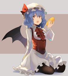 Rule 34 | 1girl, alternate costume, apron, ascot, bat wings, black pantyhose, blue hair, brown background, commentary request, dress, falken (yutozin), food, frilled apron, frills, grey background, hair between eyes, hand up, hat, hat ribbon, highres, holding, holding food, long sleeves, looking at viewer, mob cap, one-hour drawing challenge, open mouth, pantyhose, pinafore dress, red ascot, red dress, red eyes, red ribbon, remilia scarlet, ribbon, seiza, shadow, shirt, sitting, sleeveless, sleeveless dress, solo, thighs, touhou, two-tone background, waist apron, white apron, white hat, white shirt, wings
