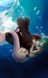 Rule 34 | 1boy, 1girl, air bubble, breasts, bubble, camie (one piece), cloud, coat, day, eustass kid, eye contact, frojdhart, fur coat, green hair, hetero, highres, hug, imminent kiss, large breasts, looking at another, mermaid, monster girl, ocean, one piece, outdoors, red hair, short hair, submerged, underwater, water