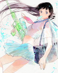 Rule 34 | 1girl, black hair, blue eyes, bra, gomosawa, highres, midriff, mouth hold, original, simple background, skirt, solo, super soaker, underwear, wet, wet clothes