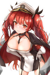 Rule 34 | 1girl, azur lane, black cape, blunt bangs, blush, breasts, cape, cleavage, covered navel, dress, elbow gloves, gloves, hands on own hips, hat, highres, honolulu (azur lane), karefu, large breasts, leaning forward, long hair, looking at viewer, pout, red eyes, red hair, short dress, simple background, solo, twintails, white background, white gloves, white hat