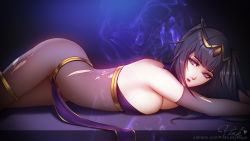 Rule 34 | 1girl, black hair, bodystocking, bodysuit, breasts, cleavage, dark background, fire emblem, fire emblem awakening, looking at viewer, lying, nintendo, on stomach, pelvic curtain, pink lady mage, solo, tharja (fire emblem), thigh strap, tiara, torn bodystocking, torn bodysuit, torn clothes