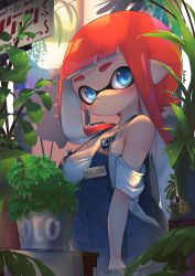 Rule 34 | 1girl, bad id, bad pixiv id, bare shoulders, blue eyes, blunt bangs, breasts, cleavage, closed mouth, collarbone, denim, expressionless, hand in pocket, highres, inkling, inkling (language), inkling girl, inkling player character, kashu (hizake), light rays, looking at viewer, medium breasts, monster girl, nintendo, off shoulder, orange hair, overalls, plant, pointy ears, potted plant, shade, shirt, short eyebrows, short hair with long locks, short sleeves, sidelocks, sideways glance, sign, signature, solo, splatoon (series), standing, table, tablecloth, tentacle hair, thick eyebrows, white shirt