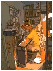 Rule 34 | 1boy, animal ears, barefoot, book, bookshelf, border, bottle, brown shorts, bulletin board, closed eyes, commentary, curtains, day, desk, digitigrade, drawer, english commentary, fox boy, fox ears, fox tail, from side, full body, furry, furry male, highres, holding, holding bottle, indoors, male focus, original, outline, pencil case, radio, scenery, serpent x, shirt, short sleeves, shorts, sitting, solo, tail, white border, white outline, window shadow, yellow shirt