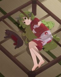 Rule 34 | 1girl, animal, animal ears, barefoot, black eyes, cat, cat ears, cat tail, closed mouth, commentary request, crossed arms, dark skin, dog tail, empty eyes, floor, green eyes, green hair, grey shorts, hair between eyes, highres, horns, indoors, jacket, kaenbyou rin, kaenbyou rin (cat), kanpa (campagne 9), komano aunn, long hair, long sleeves, looking to the side, multiple tails, red jacket, shaded face, shadow, shorts, table, tail, teeth, touhou, two tails, whiskers