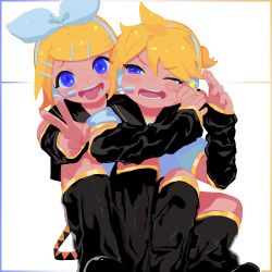 Rule 34 | 1boy, 1girl, angry, annoyed, arm around shoulder, bass clef, blonde hair, blue eyes, bow, brother and sister, cheek pinching, detached sleeves, frown, hair bow, hair ornament, hairclip, headphones, headset, kagamine len, kagamine rin, knees up, leg warmers, looking at viewer, m (0913wldus), one eye closed, open mouth, pinching, pixel art, sailor collar, shorts, siblings, sitting, tongue, tongue out, twins, v, v-shaped eyebrows, vocaloid, wince