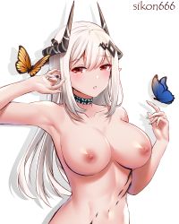 Rule 34 | 1girl, absurdres, arknights, arm up, armpits, artist name, blue butterfly, blush, breasts, breasts apart, brown eyes, bug, butterfly, choker, collarbone, commentary, demon horns, ear piercing, hair between eyes, hair ornament, highres, horns, insect, long hair, looking at viewer, mudrock (arknights), navel, nipples, nude, parted lips, piercing, pointy ears, sidelocks, sikon666, silver hair, simple background, solo, upper body, white background