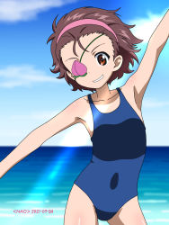 Rule 34 | 1girl, armpits, blue one-piece swimsuit, blush, breasts, brown eyes, brown hair, eyepatch, female focus, girls und panzer, hair ornament, hairband, highres, looking at viewer, momogaa (girls und panzer), naotosi, one-piece swimsuit, outdoors, short hair, sky, small breasts, solo, swimsuit